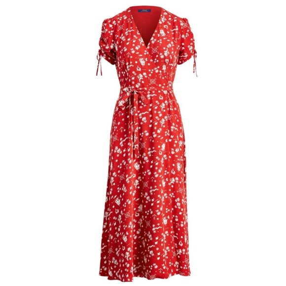 Polo Ralph Lauren Red Crepe Tropical Print Short Sleeve Wrap Dress, Size 12 - Picture 1 of 8